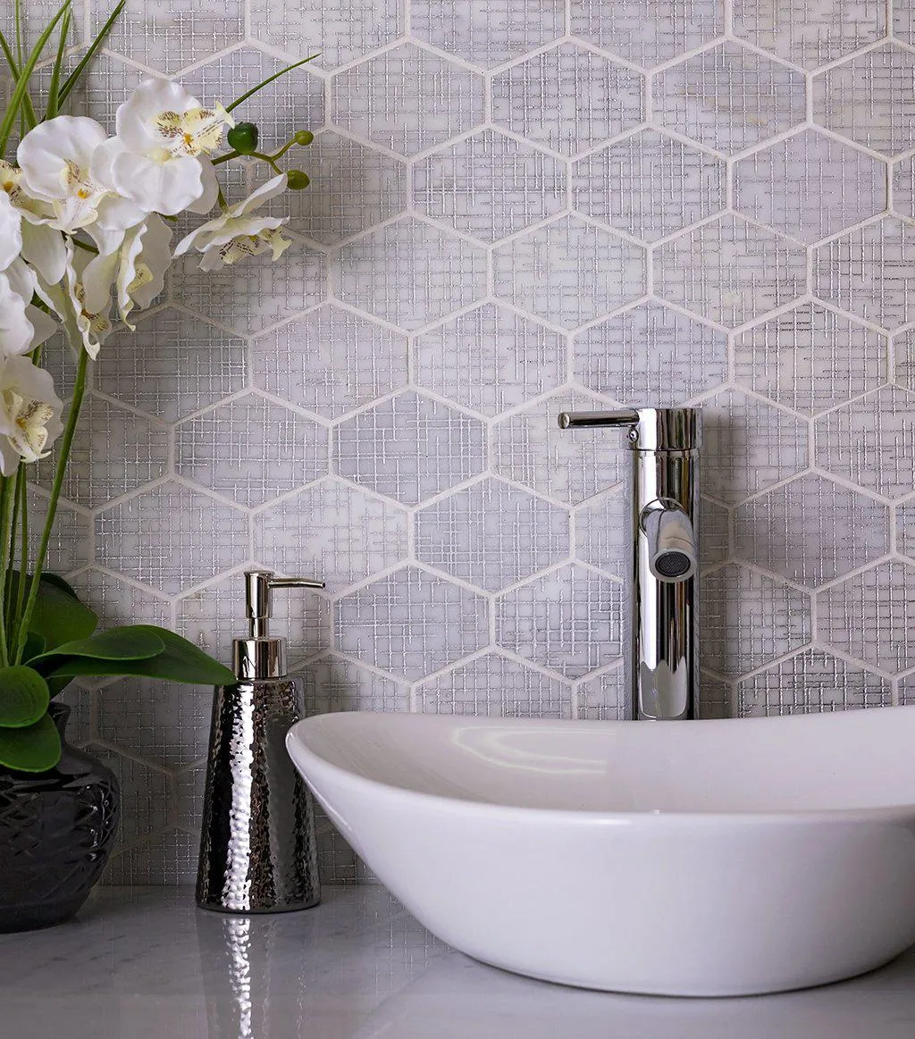 Silver Etched White Elongated Hexagon Mosaic Tile