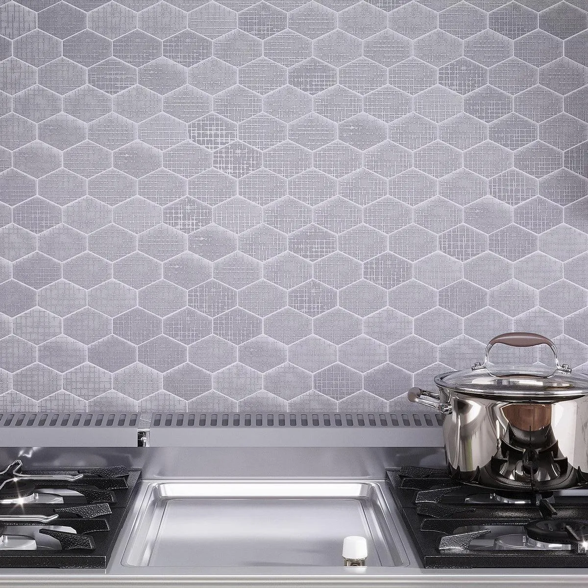 Silver Etched White Elongated Hexagon Mosaic Tile