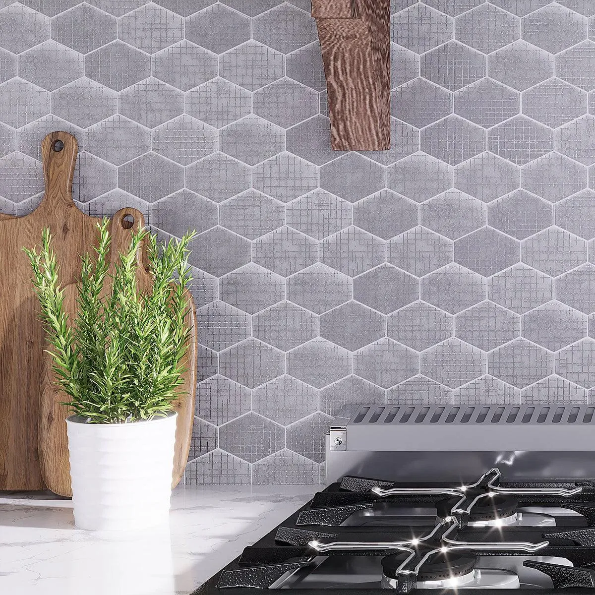 Silver Etched White Elongated Hexagon Mosaic Tile