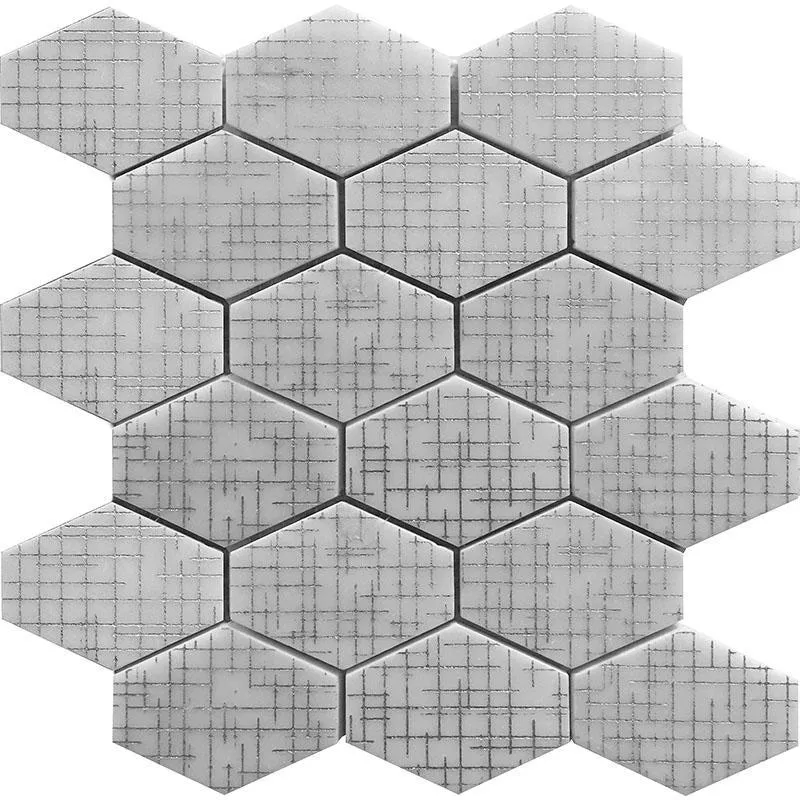 Silver Etched White Elongated Hexagon Mosaic Tile