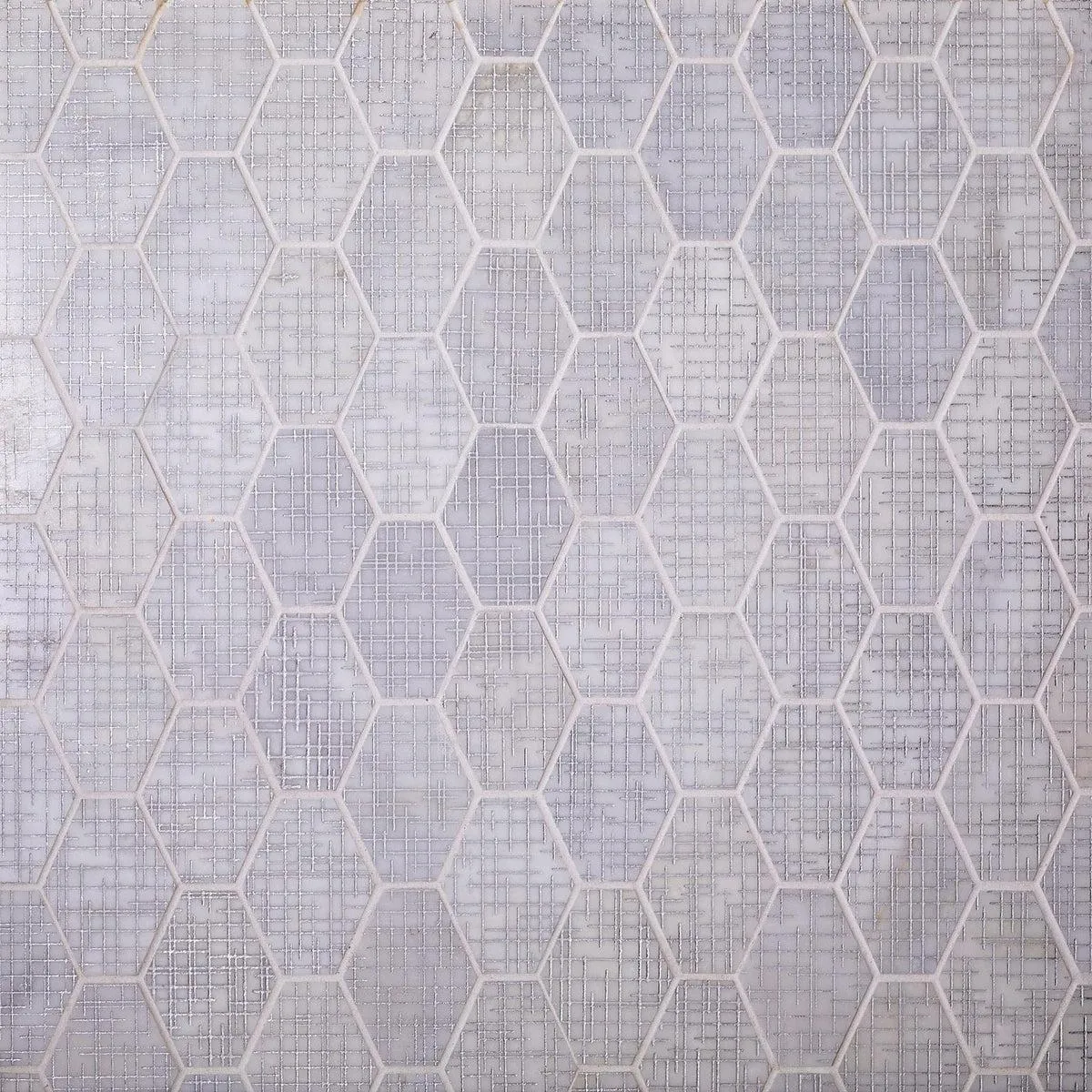 Silver Etched White Elongated Hexagon Mosaic Tile