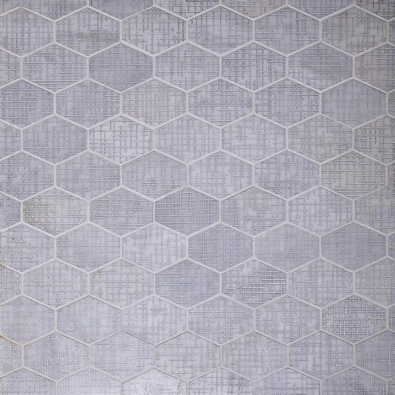 Silver Etched White Elongated Hexagon Mosaic Tile