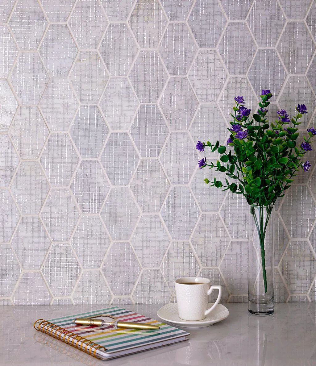 Silver Etched White Elongated Hexagon Mosaic Tile