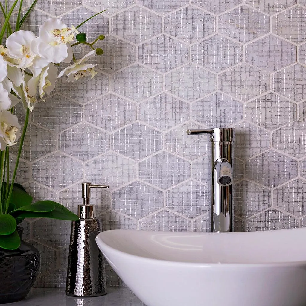 Silver Etched White Elongated Hexagon Mosaic Tile