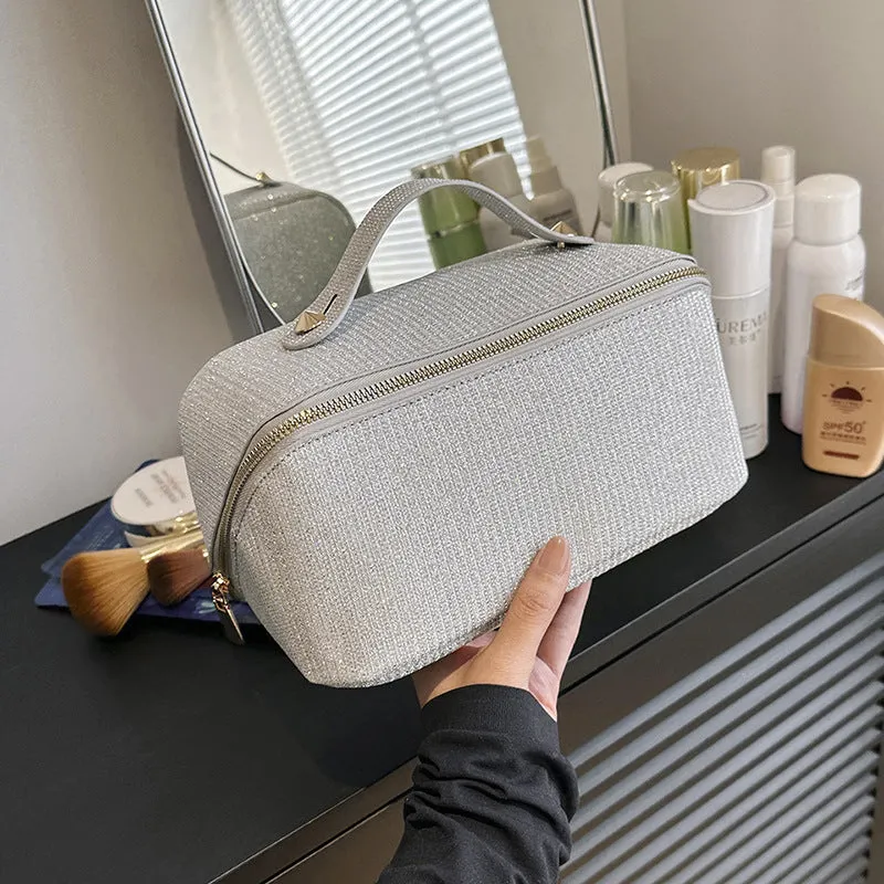 Silver Shiny Large Capacity Makeup Bag - Multi-Function Travel Toiletry Organizer, Handheld Cosmetic Storage Bag