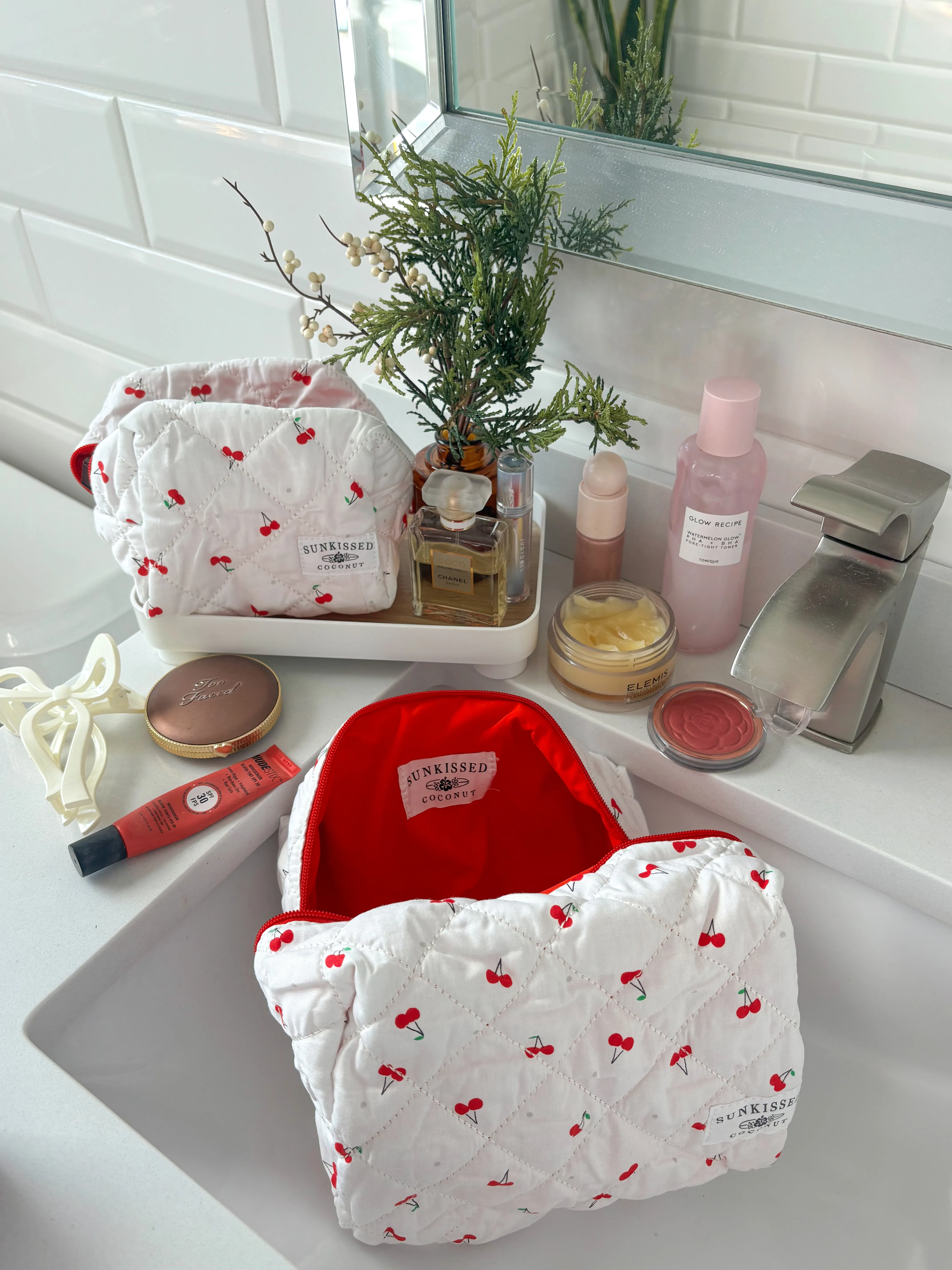 Small Cherry Quilted Handmade Makeup Bag