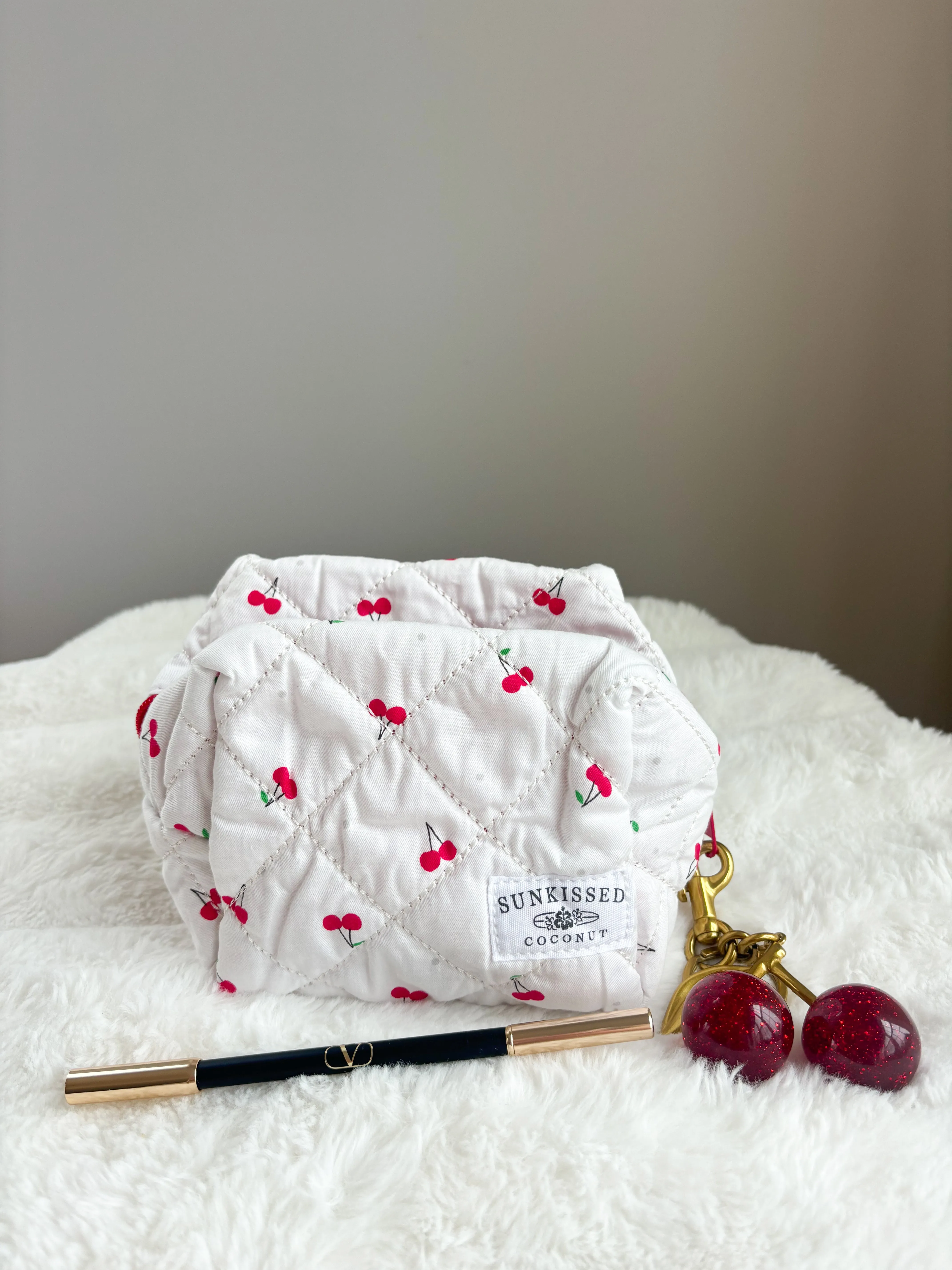 Small Cherry Quilted Handmade Makeup Bag