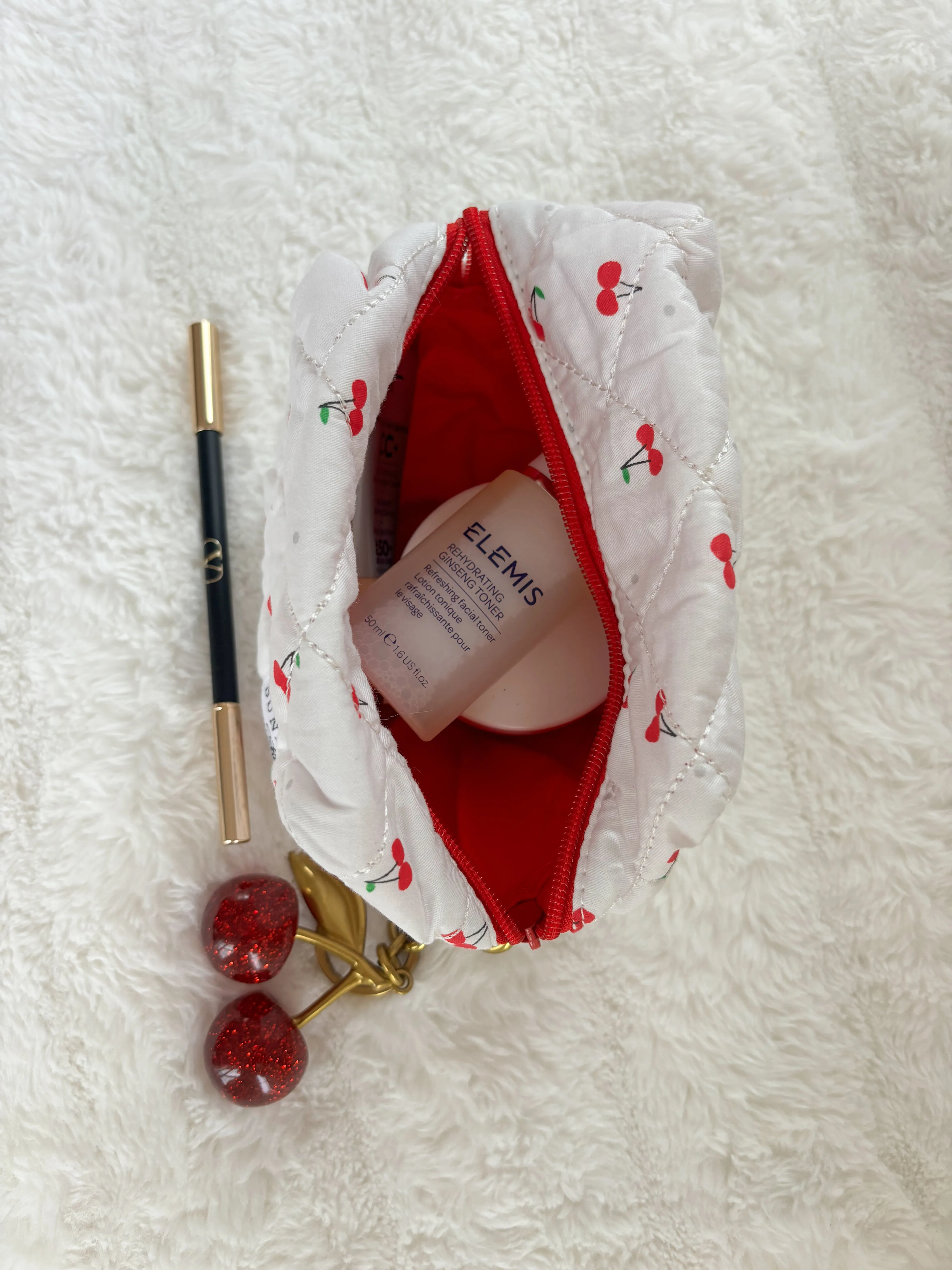 Small Cherry Quilted Handmade Makeup Bag