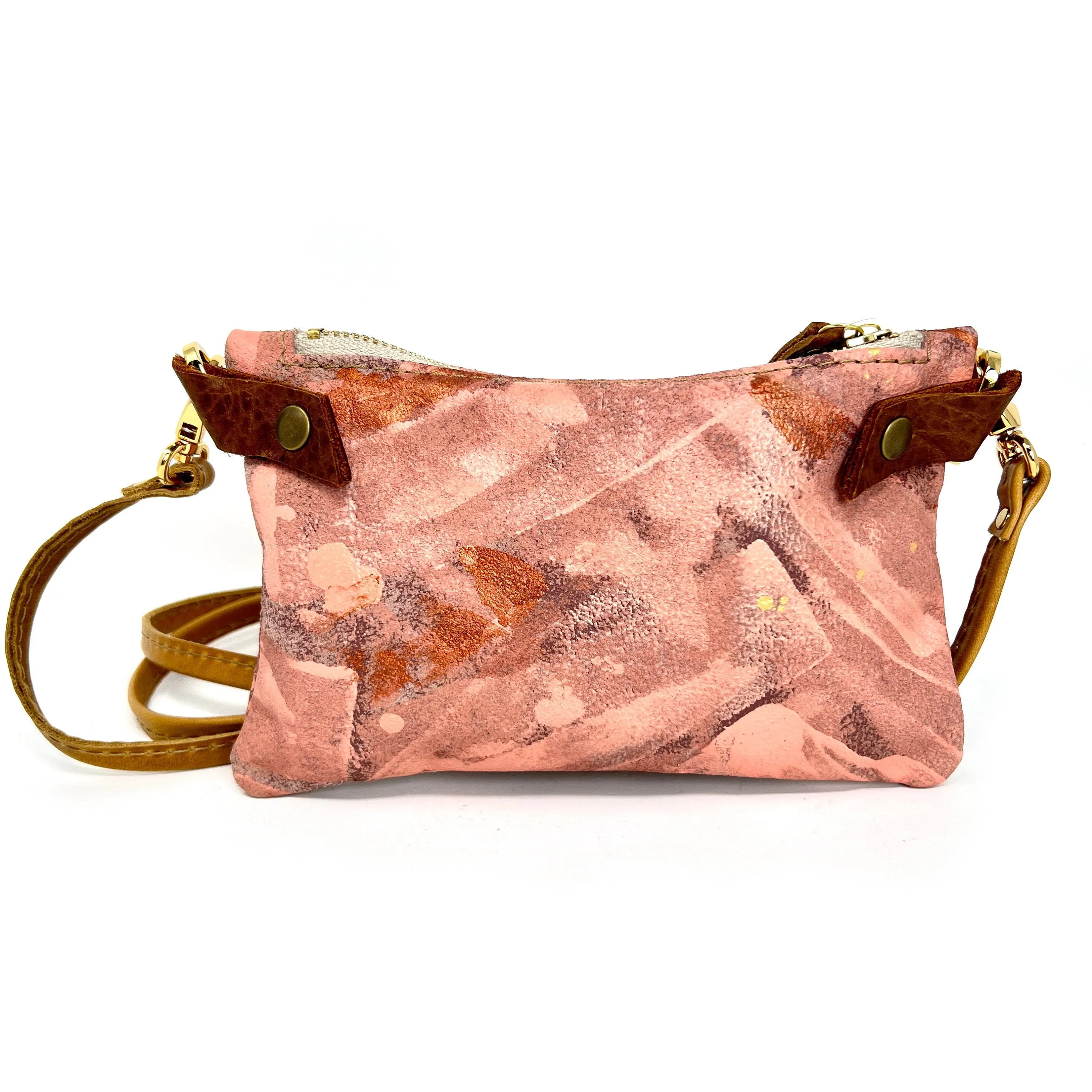 Small Leather Shoulder Bag Crossbody Purse For Women - Hand Painted in Colors of Blush Pink Purple and Metallic Copper - One Of A Kind