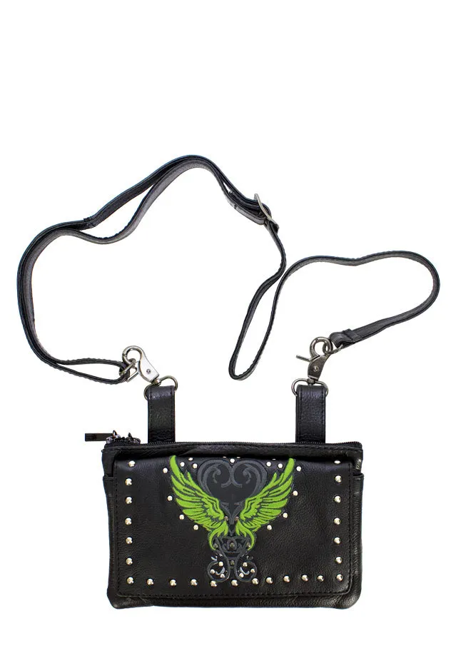 Studded Naked Cowhide Leather Belt Bag With Lime Green Wings