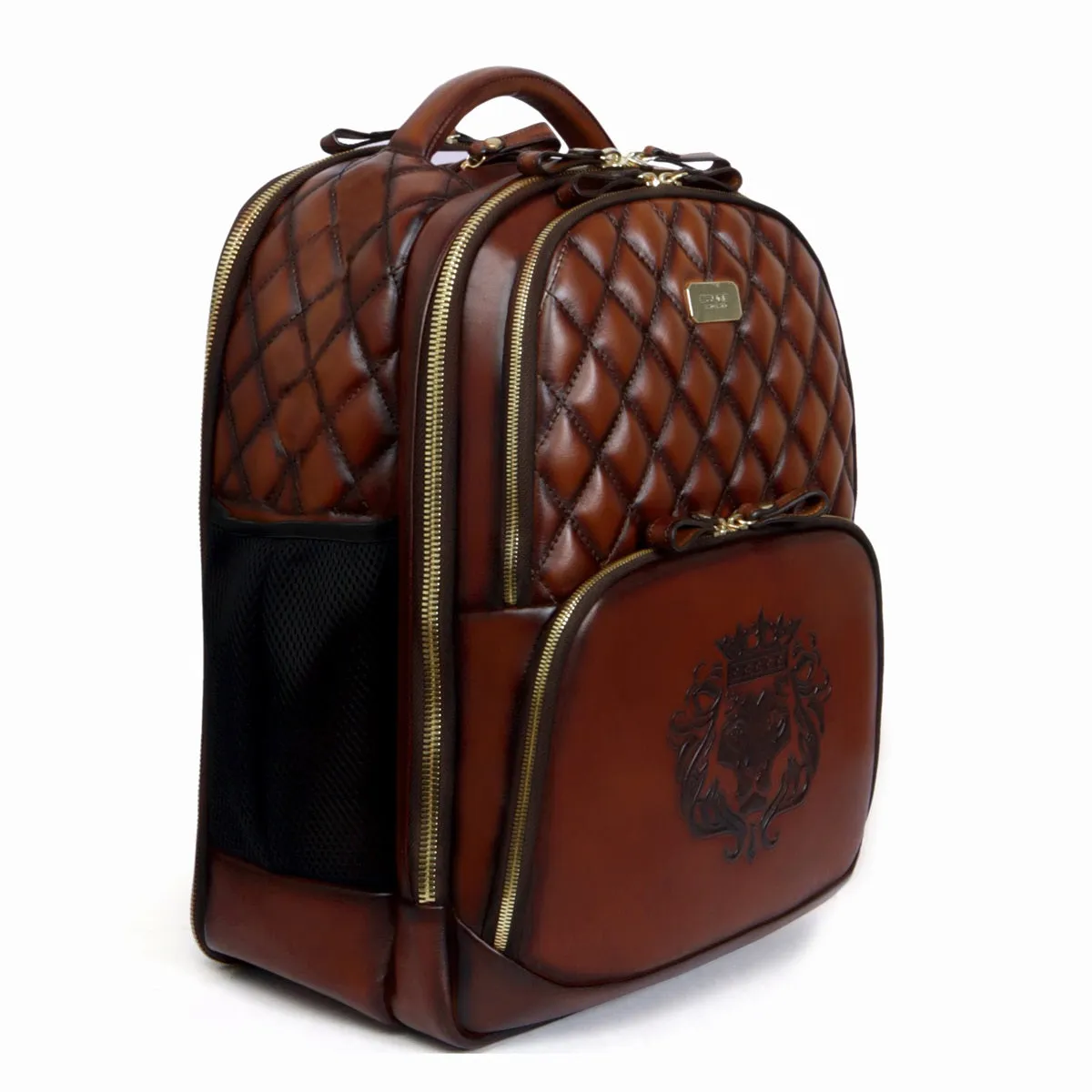 Super Functional Backpack Diamond Stitched Dark Brown Leather with Embossed Lion Logo by Brune & Bareskin