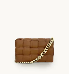 Tan Padded Woven Leather Crossbody Bag With Gold Chain Strap