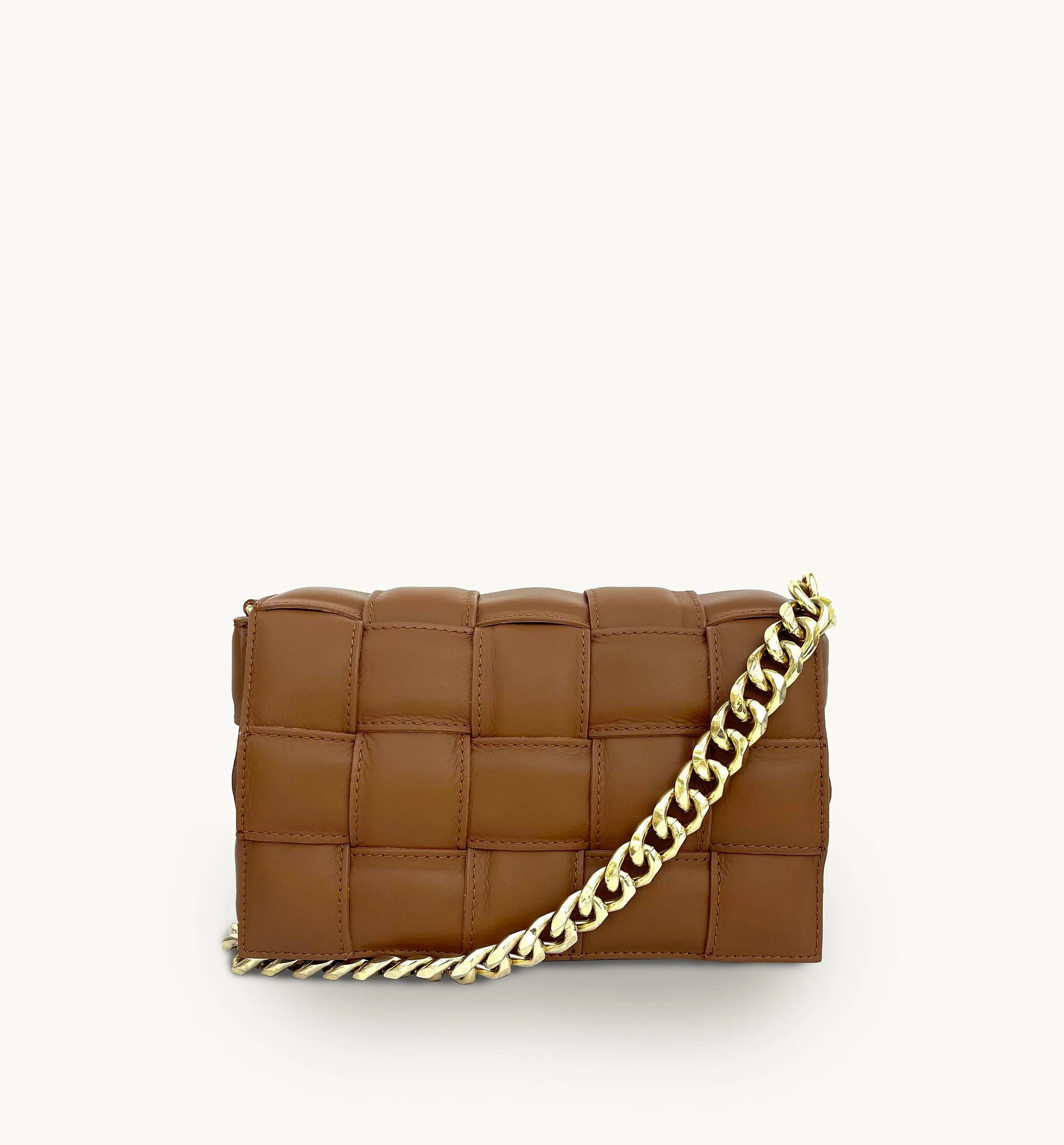 Tan Padded Woven Leather Crossbody Bag With Gold Chain Strap