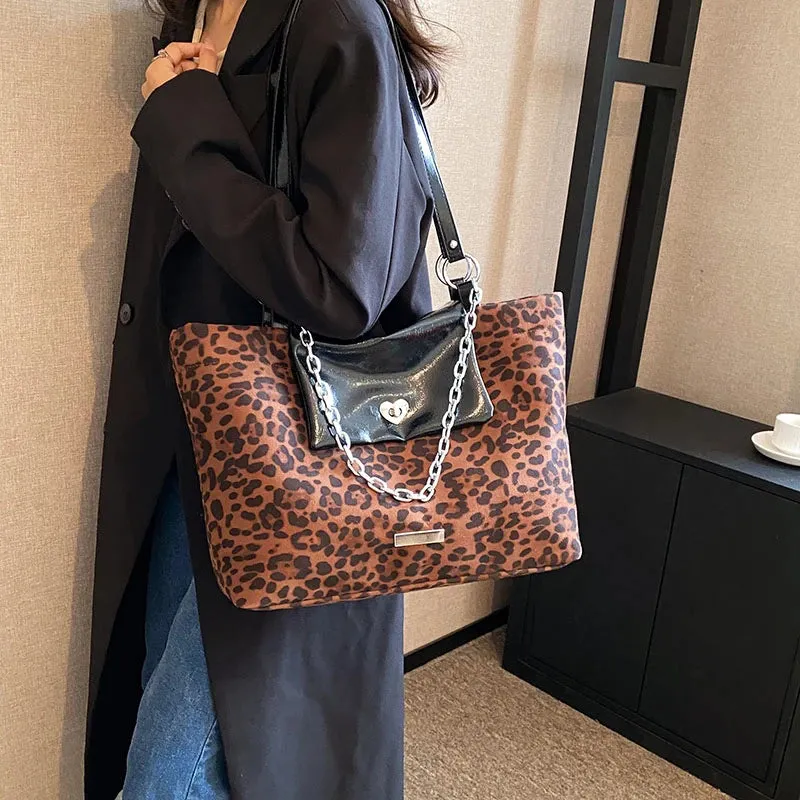 TAVIMART  -  Brown Leopard Printing Handbag For Women Designer Shoulder Bag New Large Capacity Canvas Shopper Bag Portable Travel Totes