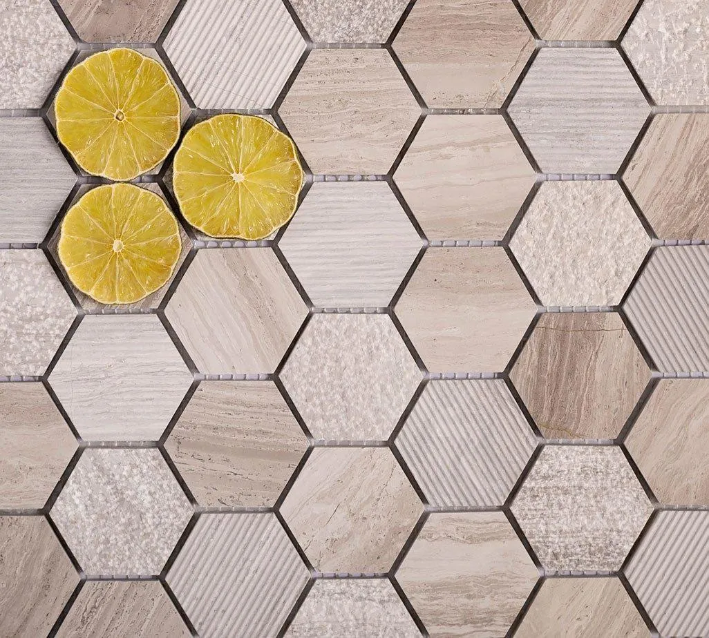 Textured Wooden Beige Honeycomb Hexagon Marble Mosaic Tile