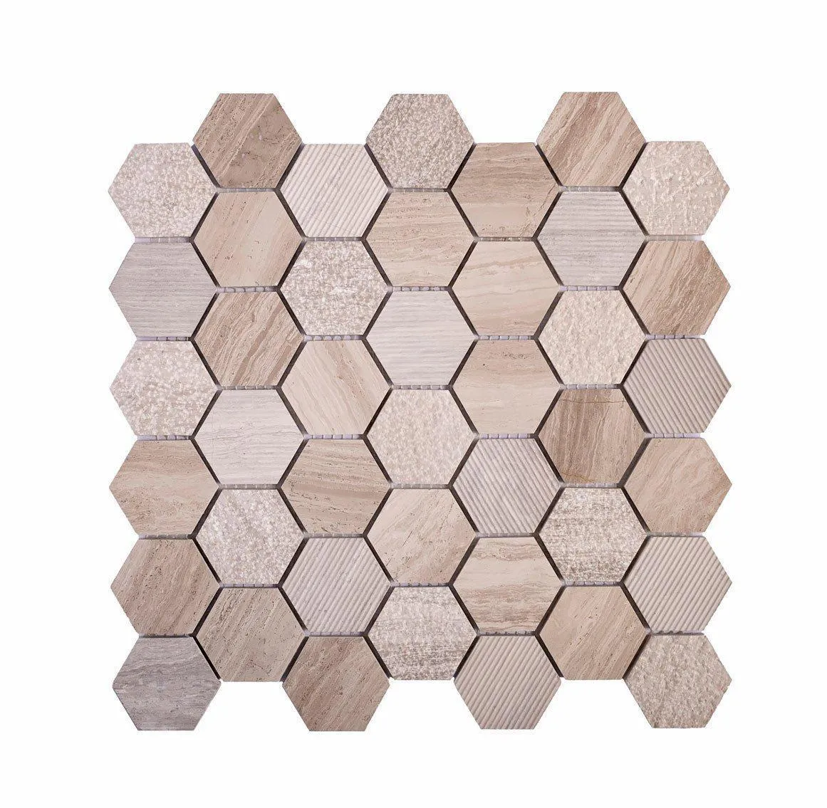 Textured Wooden Beige Honeycomb Hexagon Marble Mosaic Tile