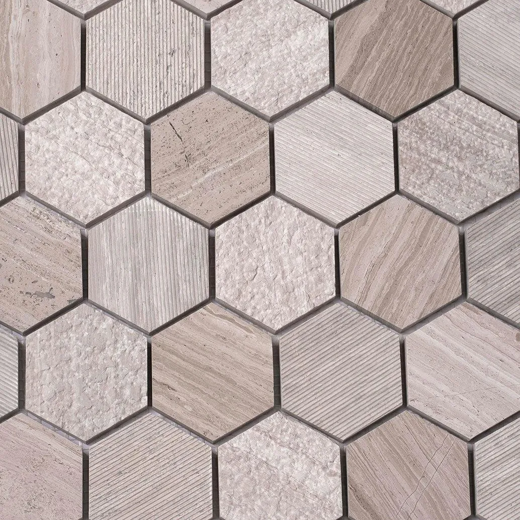 Textured Wooden Beige Honeycomb Hexagon Marble Mosaic Tile