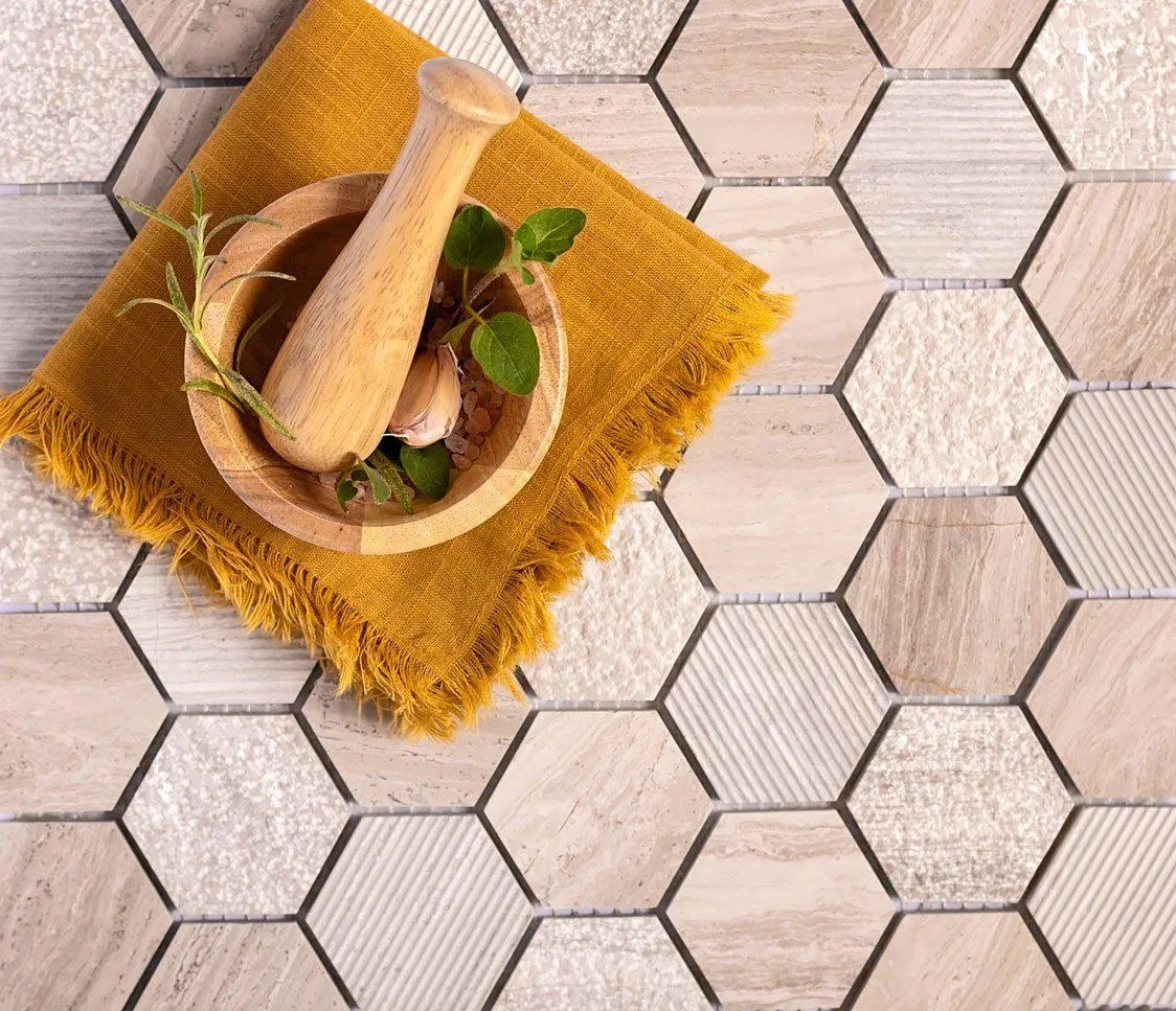 Textured Wooden Beige Honeycomb Hexagon Marble Mosaic Tile