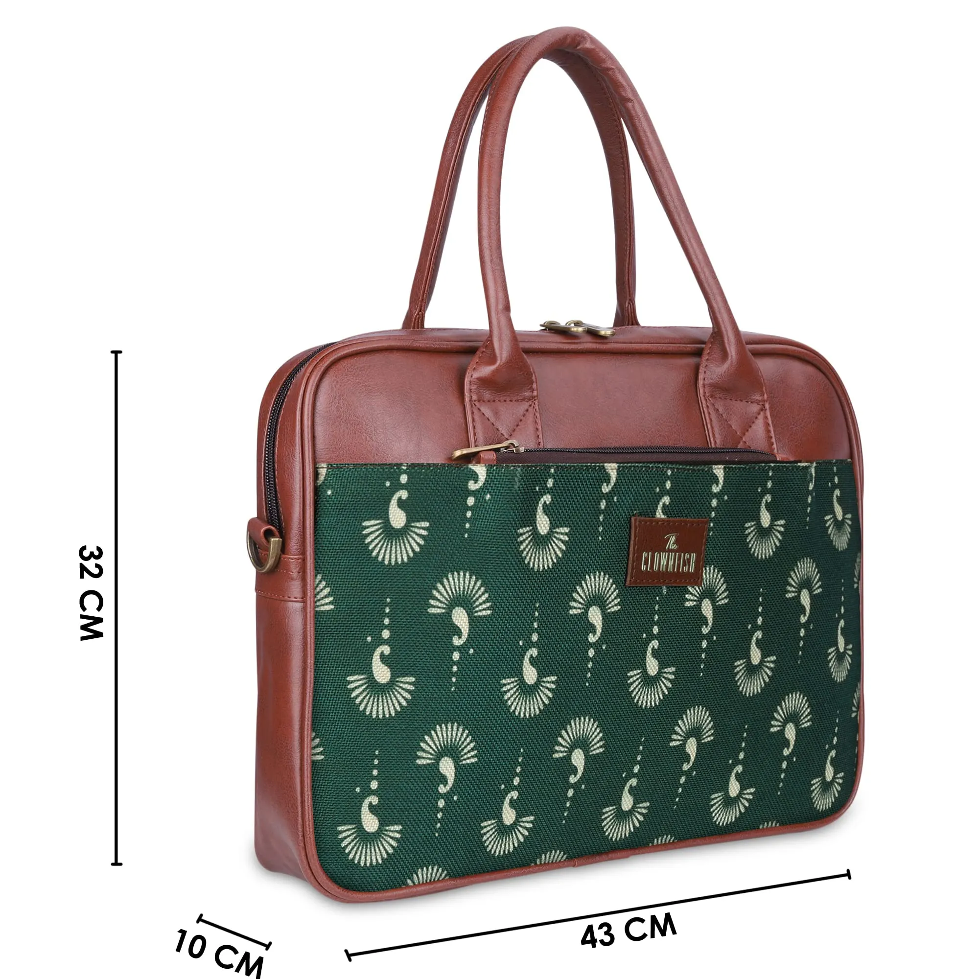 THE CLOWNFISH Deborah series 15.6 inch Laptop Bag For Women Printed Handicraft Fabric & Faux Leather Office Bag Briefcase Messenger Sling Handbag Business Bag (Bottle Green)