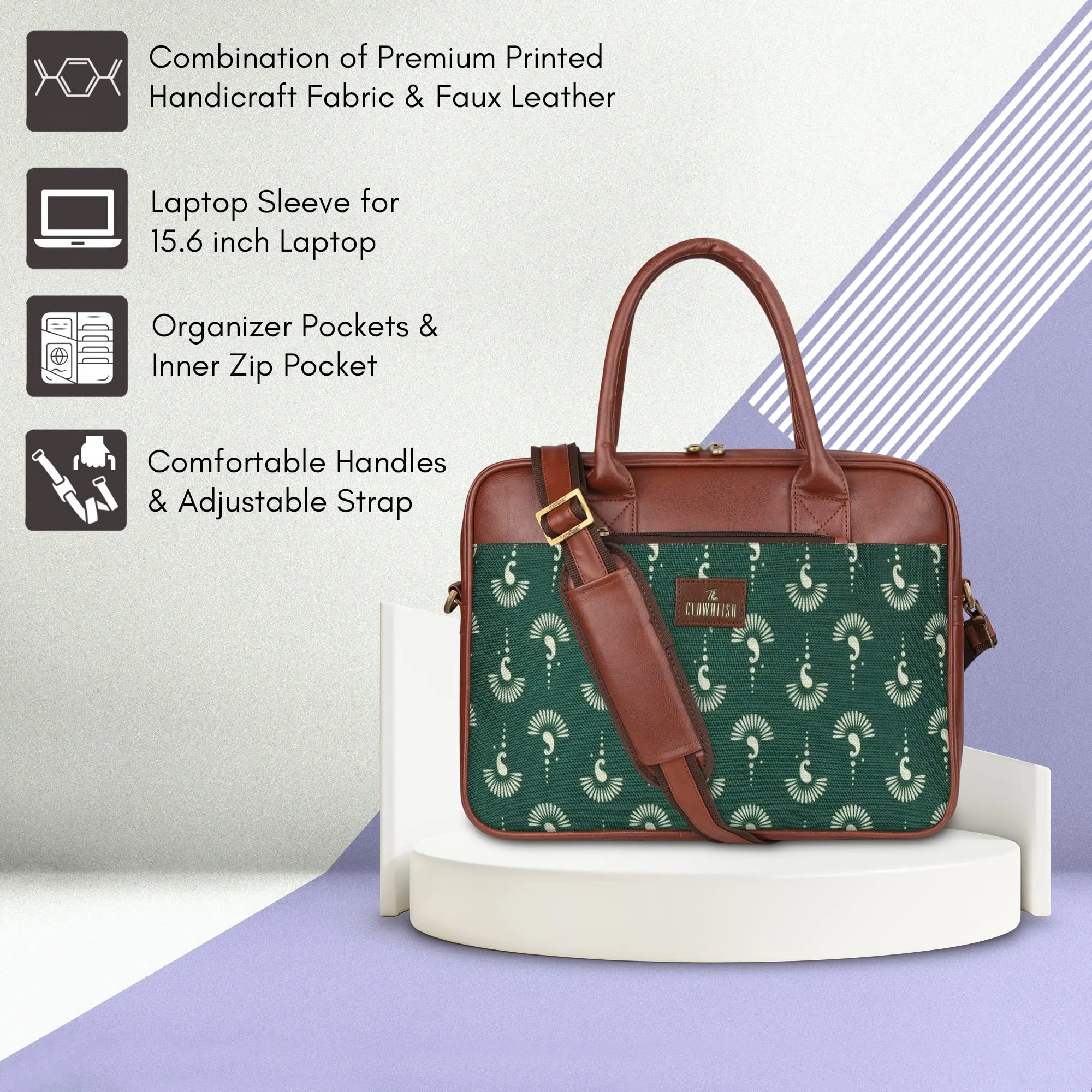 THE CLOWNFISH Deborah series 15.6 inch Laptop Bag For Women Printed Handicraft Fabric & Faux Leather Office Bag Briefcase Messenger Sling Handbag Business Bag (Bottle Green)