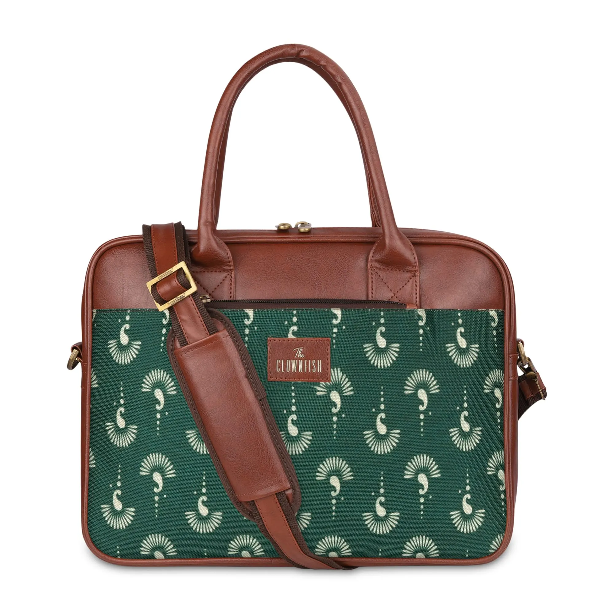 THE CLOWNFISH Deborah series 15.6 inch Laptop Bag For Women Printed Handicraft Fabric & Faux Leather Office Bag Briefcase Messenger Sling Handbag Business Bag (Bottle Green)