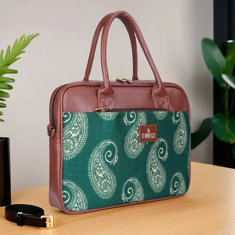 THE CLOWNFISH Deborah series 15.6 inch Laptop Bag For Women Printed Handicraft Fabric & Faux Leather Office Bag Briefcase Messenger Sling Handbag Business Bag (Fern Green)