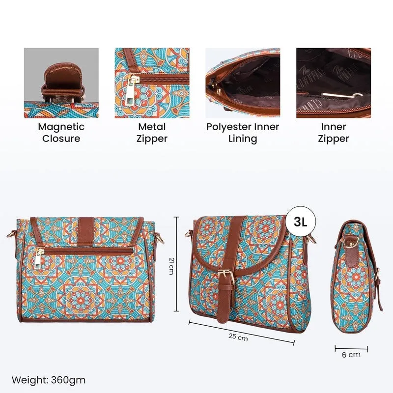 THE CLOWNFISH Madeline Printed Handicraft Fabric Handbag for Women Sling Bag Office Bag Ladies Shoulder Bag with Snap Flap Closure & Shoulder Belt Tote For Women College Girls (Light Blue)