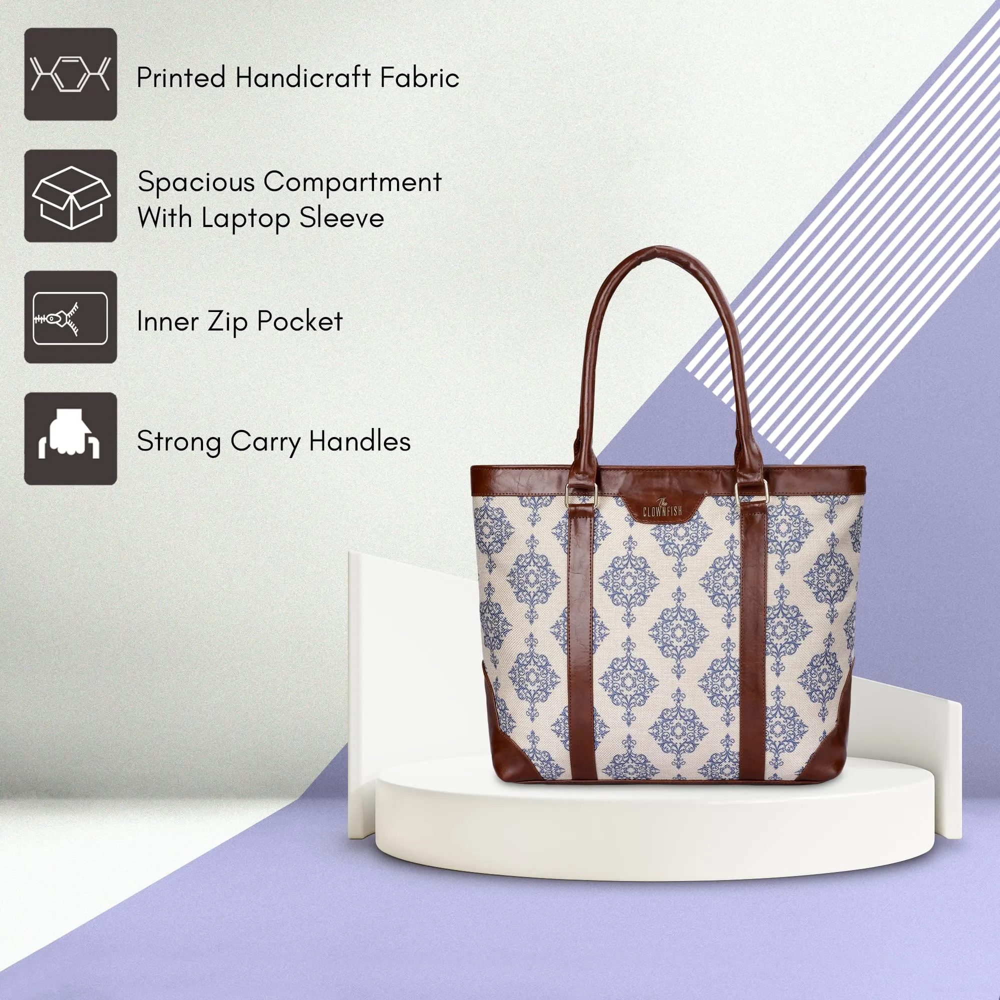 THE CLOWNFISH Miranda Series 15.6 inch Laptop Bag For Women Printed Handicraft Fabric & Faux Leather Office Bag Briefcase Hand Messenger bag Tote Shoulder Bag (Off White)