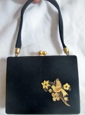 Vtg GOLD BIRD Mini Compact Evening Bag Accessory BLACK Cosmetics Organizer Case