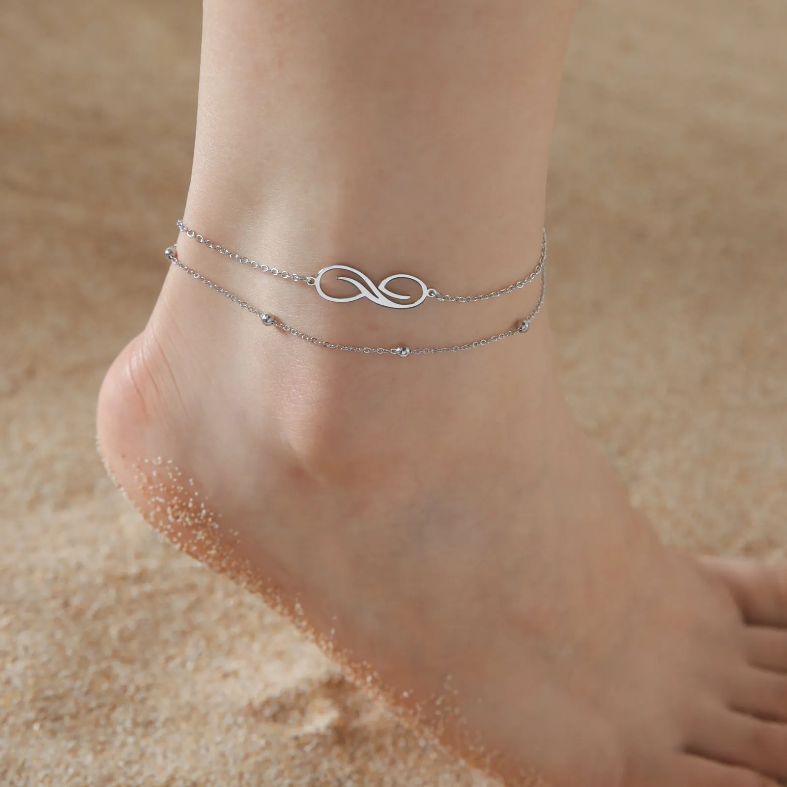 Women's Bohemian Infinite Symbol Anklet Stainless Steel Double Layer Bead Necklace Beach Anklet