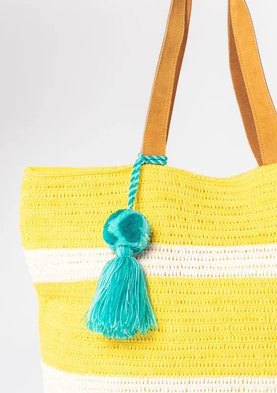 Yellow Woven Striped Beach Tote