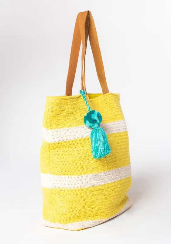 Yellow Woven Striped Beach Tote