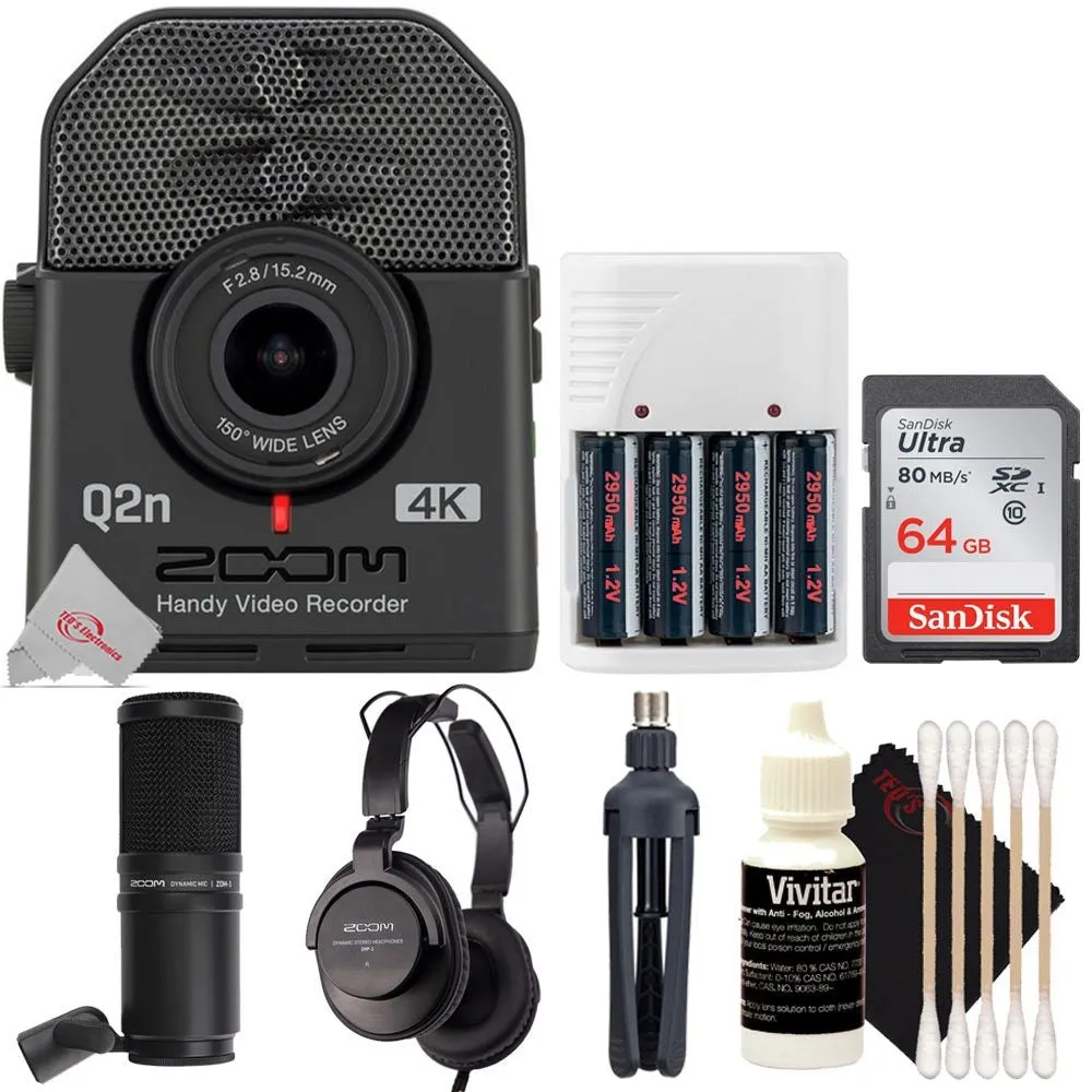 Zoom Q2n-4K Ultra High Definition Handy Video Recorder   Zoom ZDM-1 Podcast Mic Pack Accessory Bundle   64GB Memory Card   Rechargeable Battery & Charger   3pc Cleaning Kit